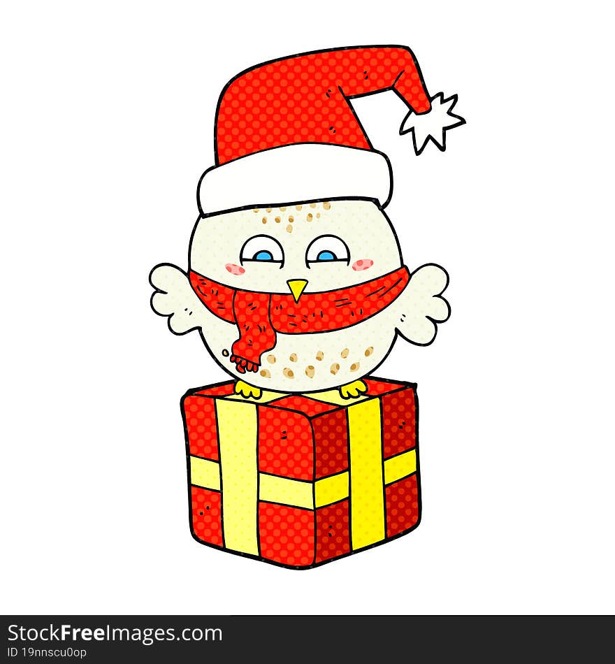 Cartoon Cute Christmas Owl On Gift