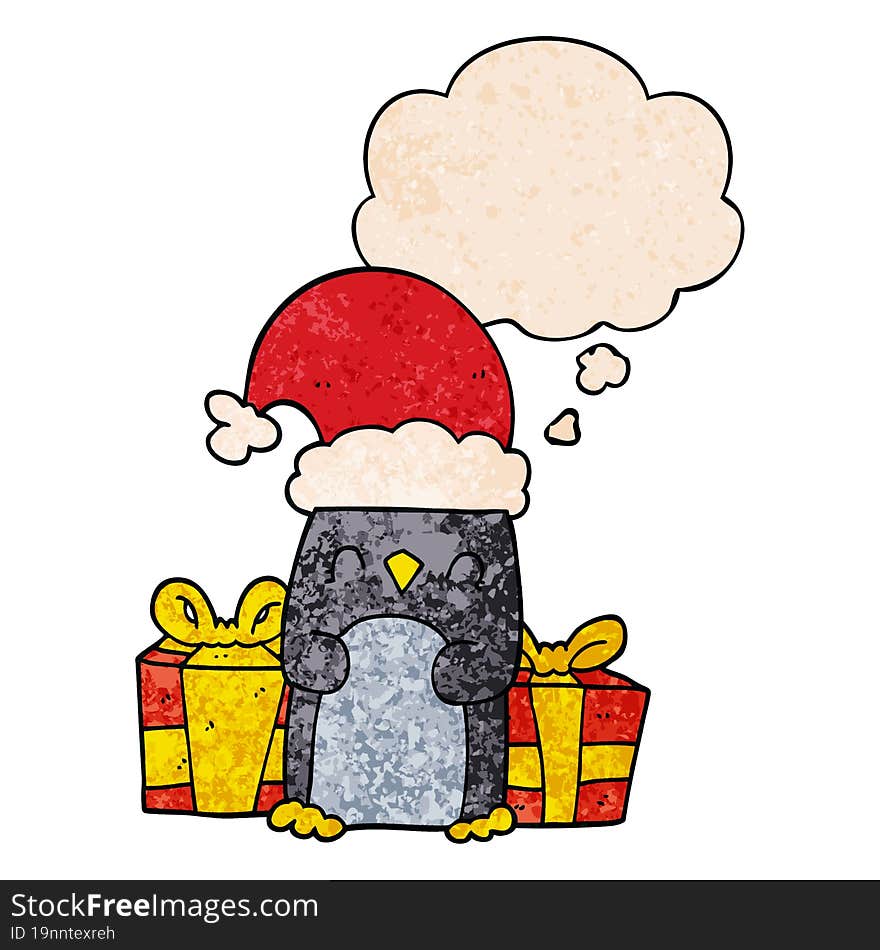 cute christmas penguin and thought bubble in grunge texture pattern style