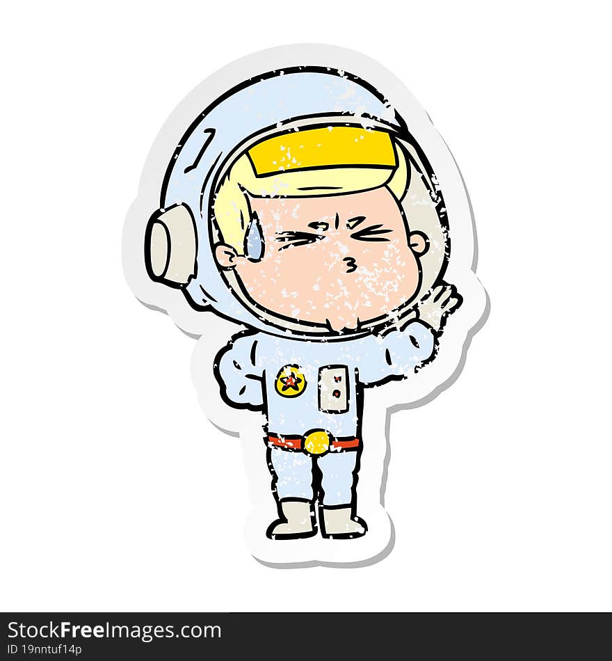 distressed sticker of a cartoon stressed astronaut