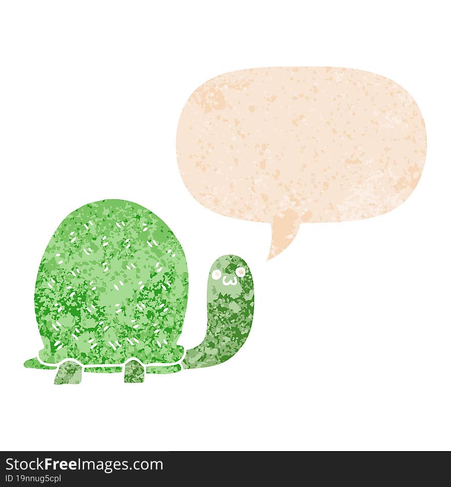 cute cartoon turtle and speech bubble in retro textured style