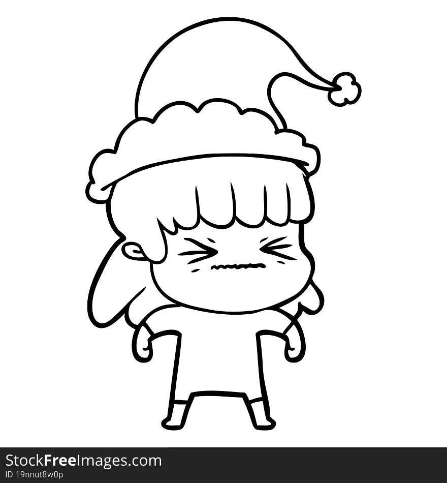 hand drawn line drawing of a woman wearing santa hat