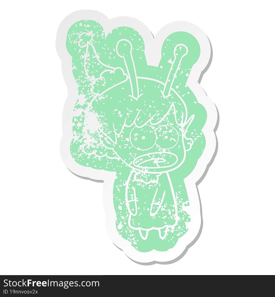 cartoon distressed sticker of a shocked alien girl wearing santa hat