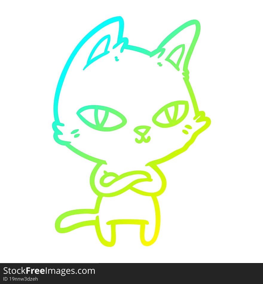 Cold Gradient Line Drawing Cartoon Cat Staring