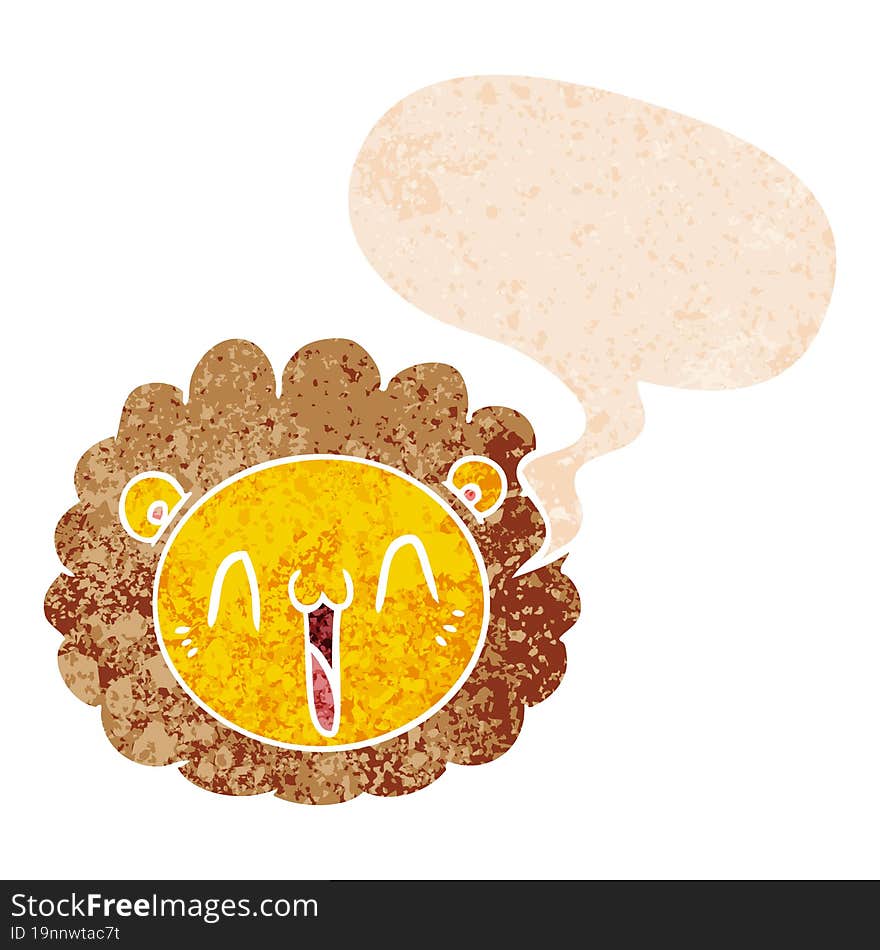 cartoon lion face and speech bubble in retro textured style