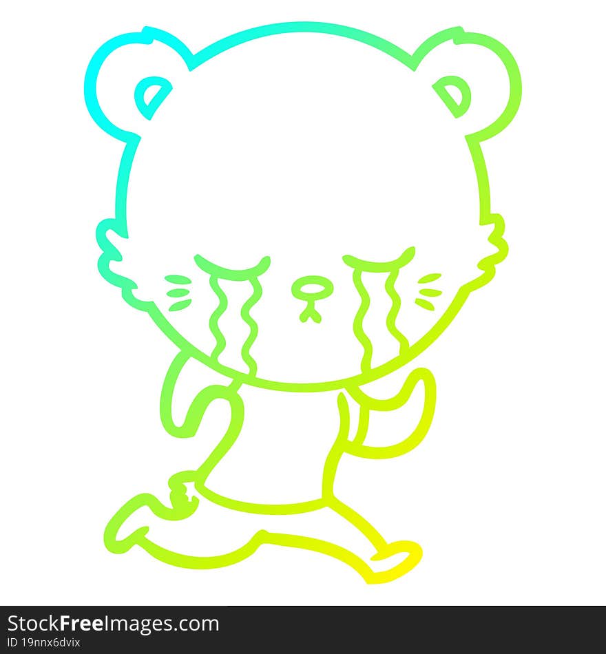 Cold Gradient Line Drawing Crying Cartoon Bear Running