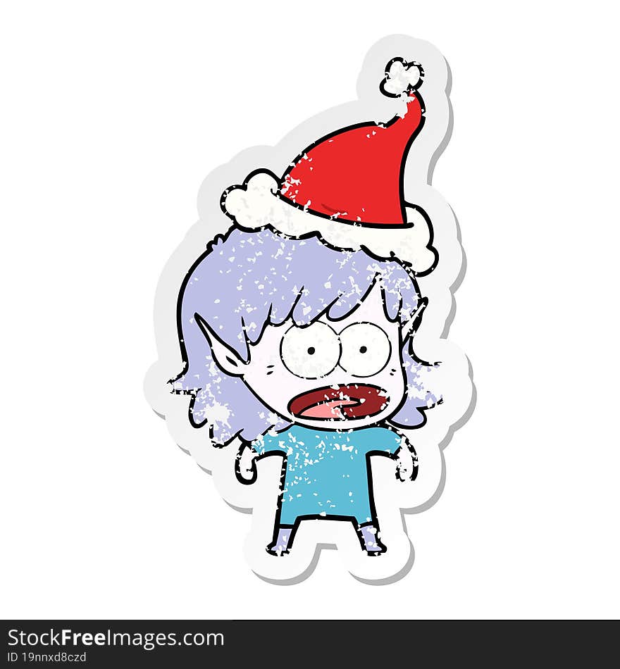 Distressed Sticker Cartoon Of A Shocked Elf Girl Wearing Santa Hat