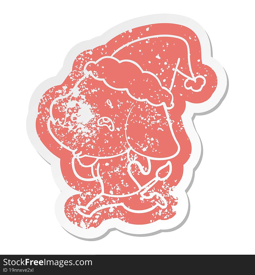 cartoon distressed sticker of a elephant remembering wearing santa hat