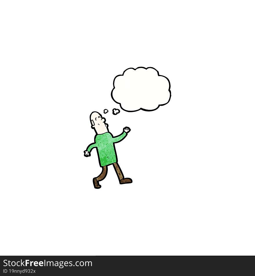 cartoon walking middle aged man with thought bubble