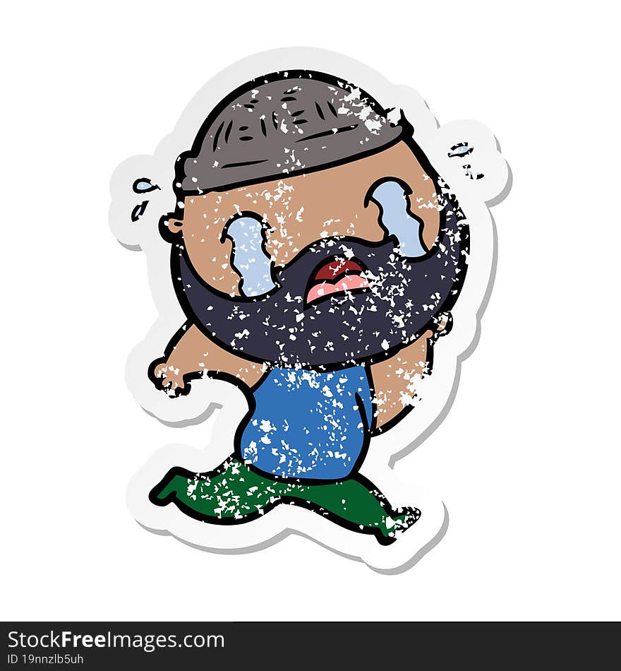 Distressed Sticker Of A Cartoon Bearded Man Crying