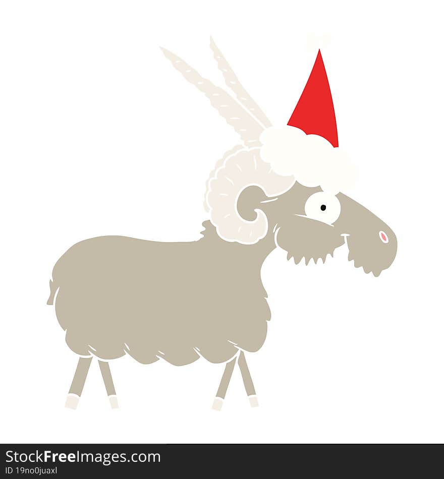 Flat Color Illustration Of A Goat Wearing Santa Hat