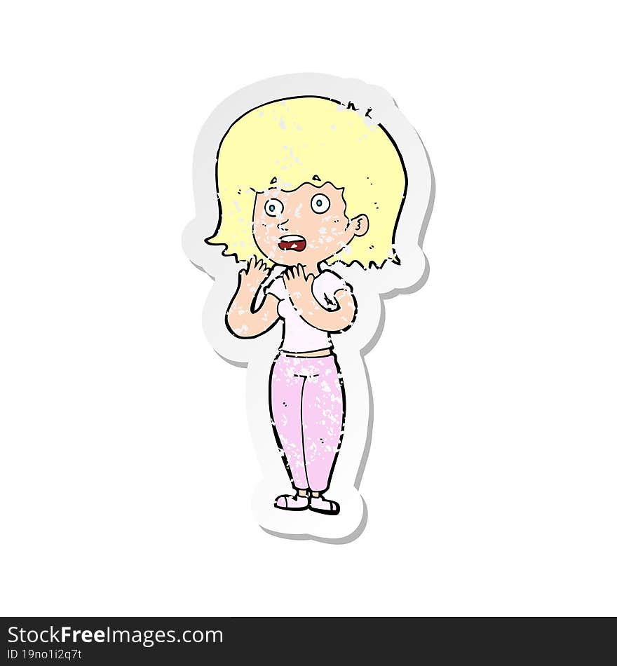 retro distressed sticker of a cartoon shocked woman