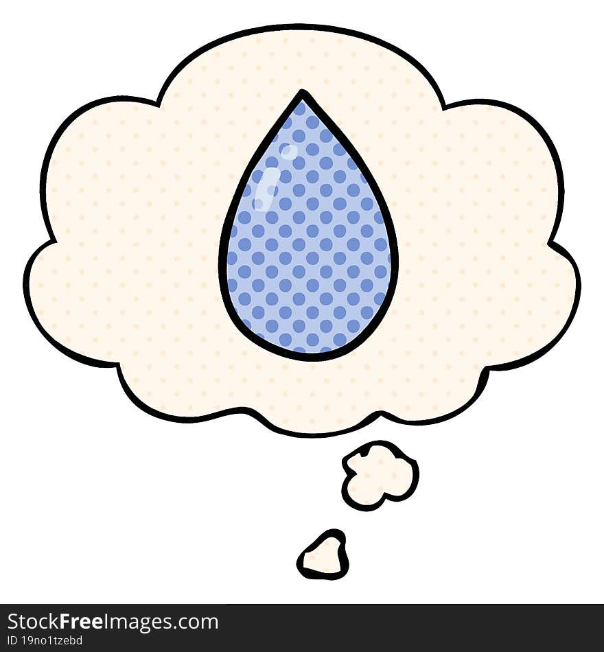 cartoon water droplet with thought bubble in comic book style