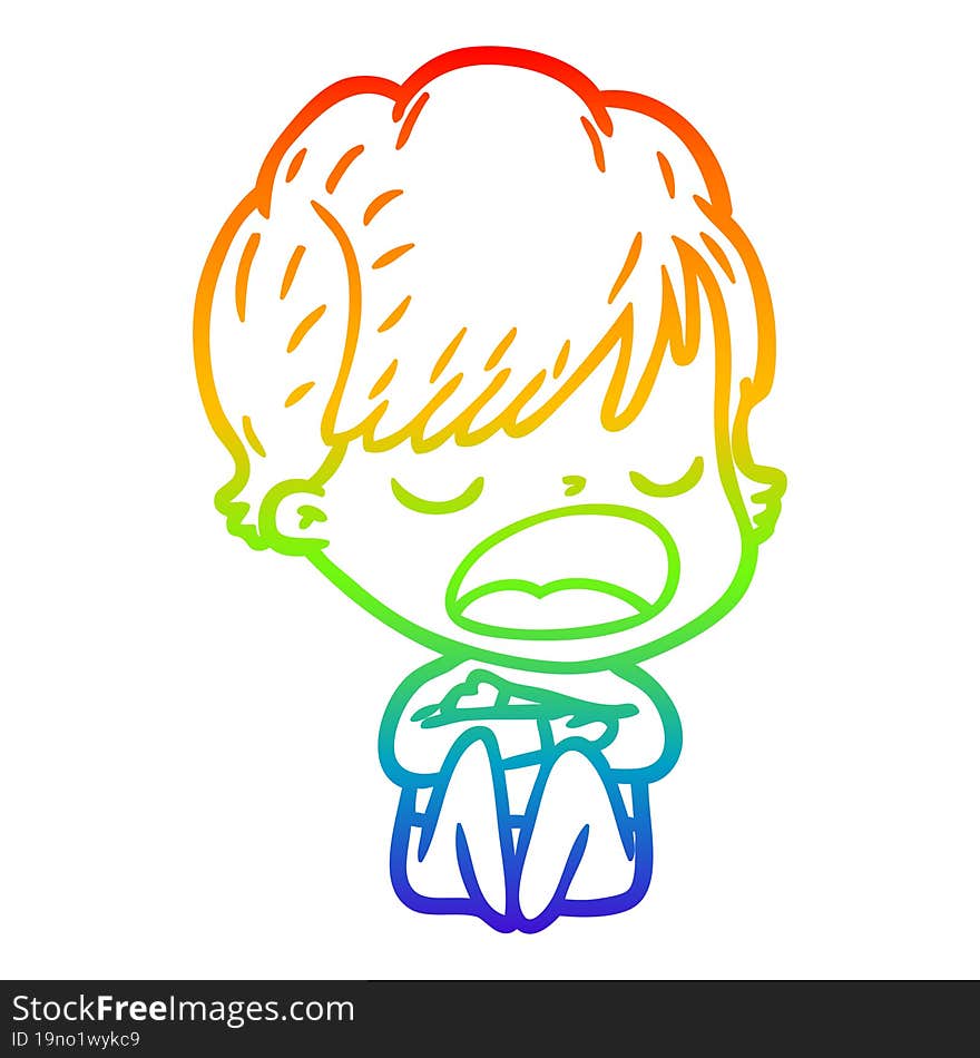 rainbow gradient line drawing of a cartoon woman talking