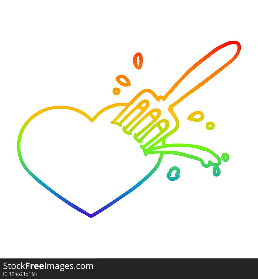 rainbow gradient line drawing of a cartoon love heart stuck with fork