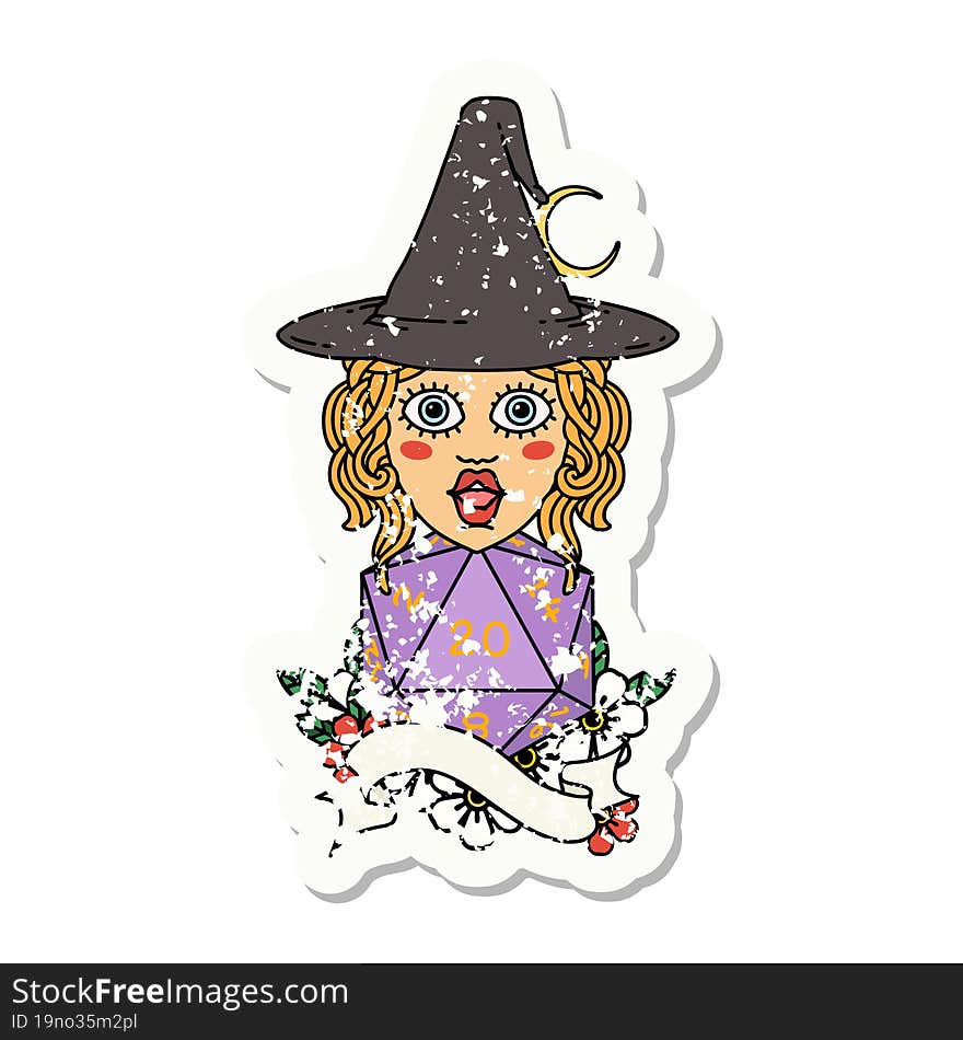 grunge sticker of a human mage with natural twenty dice roll. grunge sticker of a human mage with natural twenty dice roll