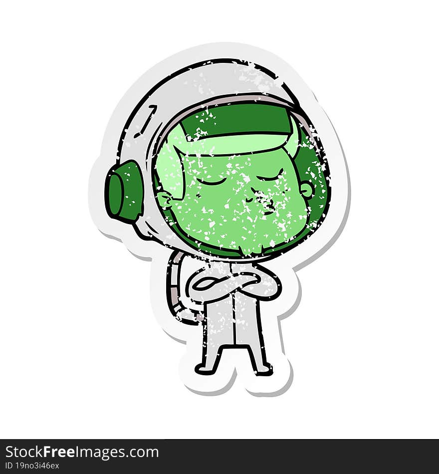 distressed sticker of a cartoon confident astronaut