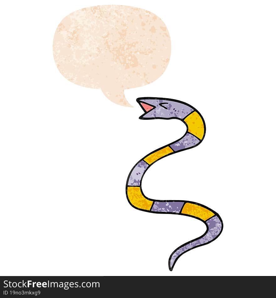 cartoon snake and speech bubble in retro textured style