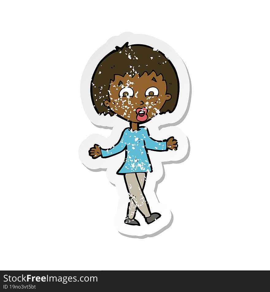 retro distressed sticker of a cartoon woman shrugging shoulders