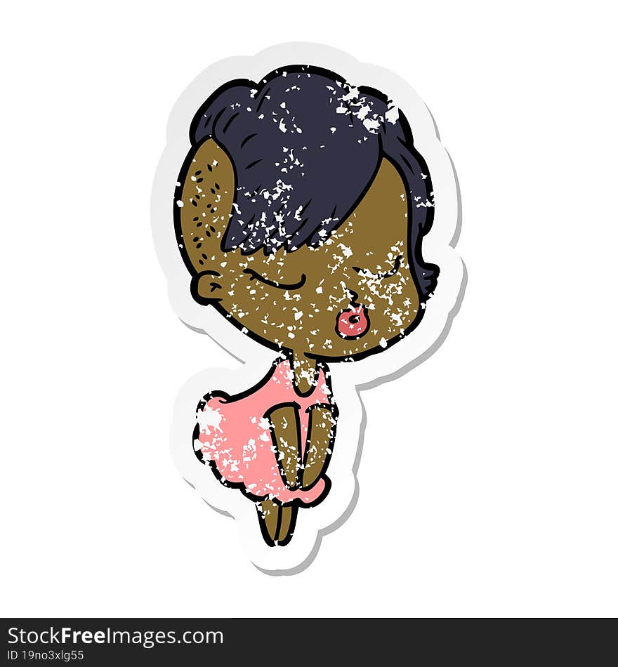 distressed sticker of a cartoon pretty hipster girl