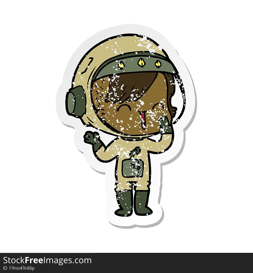 distressed sticker of a cartoon laughing astronaut girl