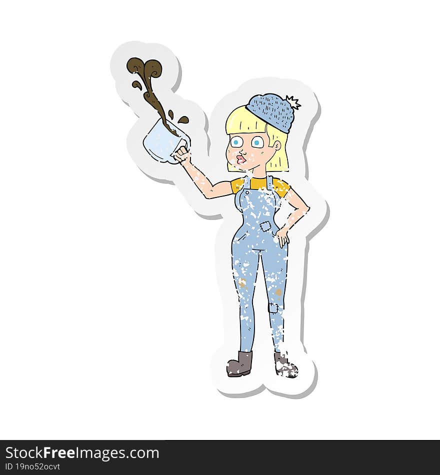 Retro Distressed Sticker Of A Cartoon Female Worker With Coffee Mug