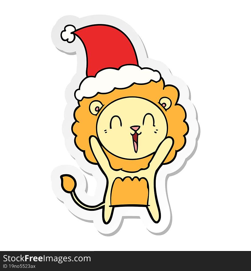 laughing lion sticker cartoon of a wearing santa hat