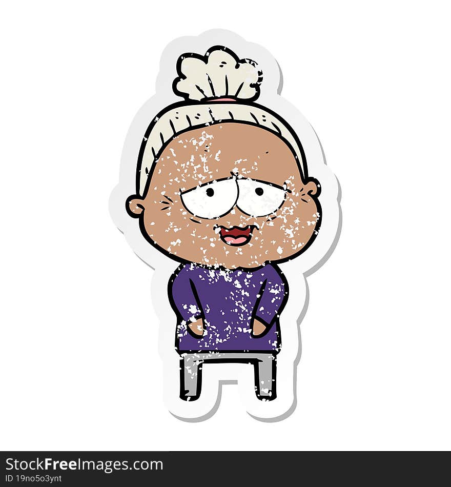 distressed sticker of a cartoon happy old lady