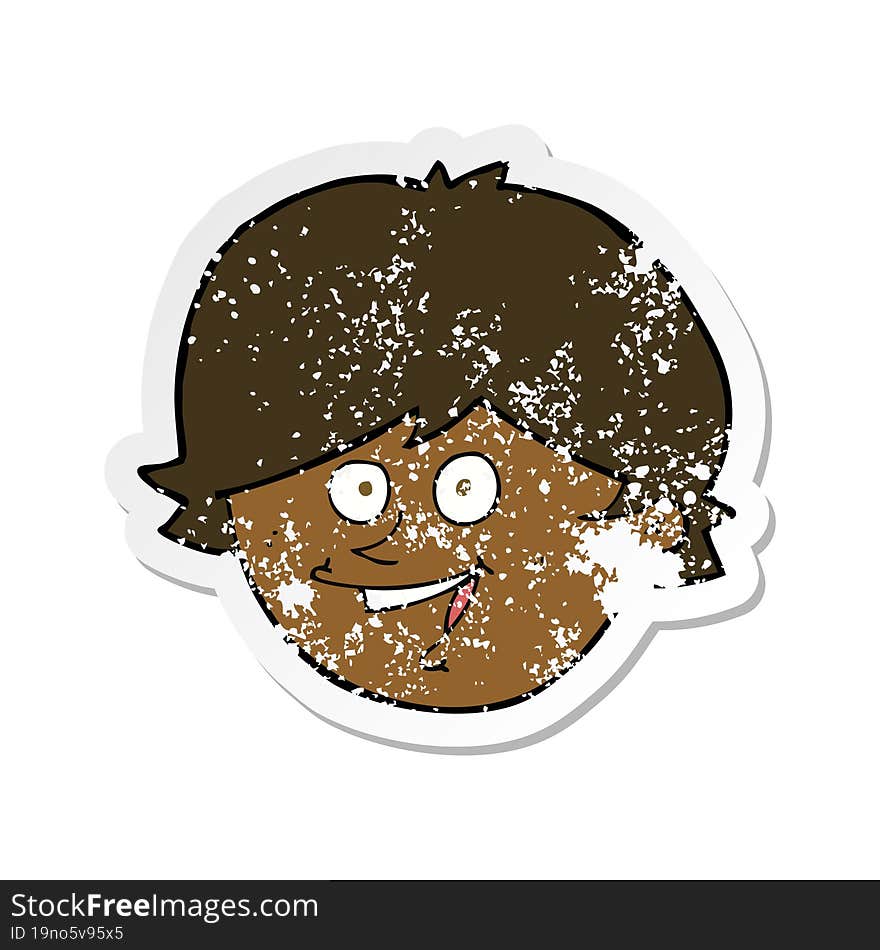 retro distressed sticker of a cartoon happy boy face