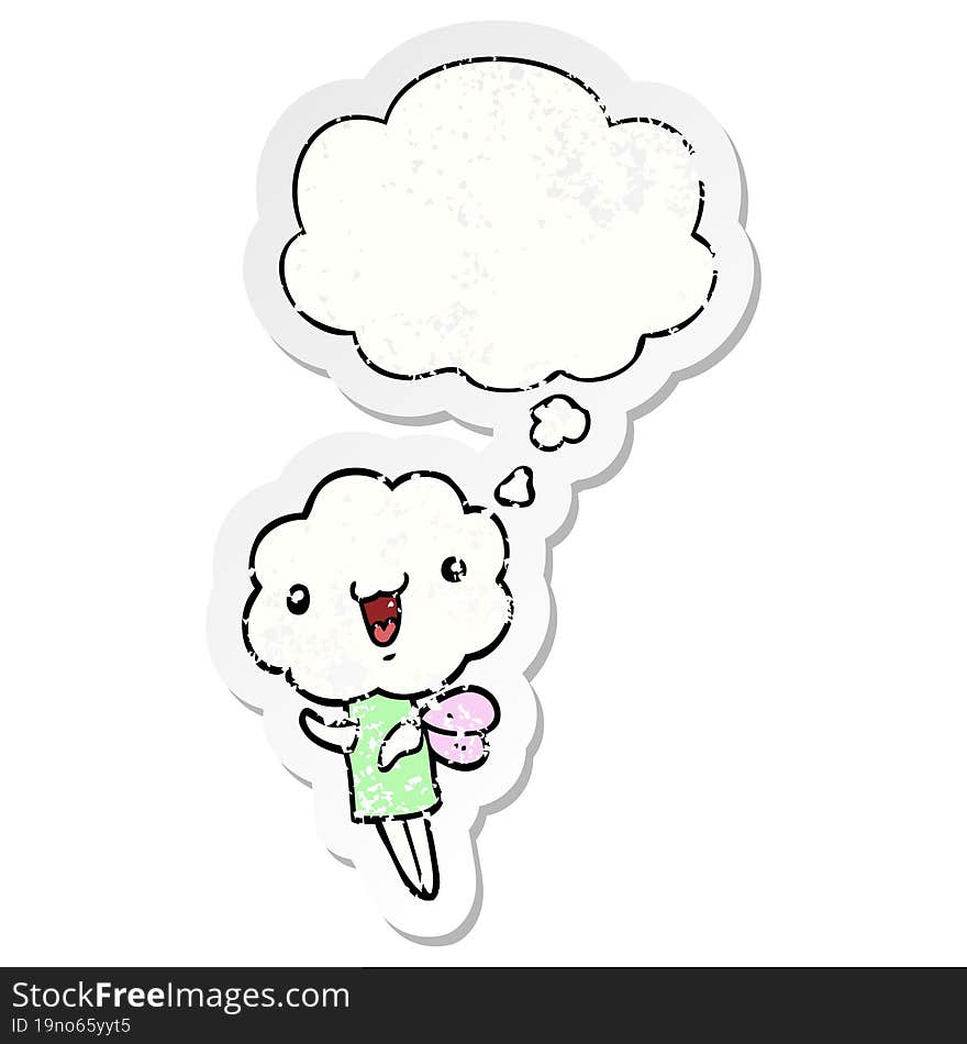 cute cartoon cloud head creature with thought bubble as a distressed worn sticker