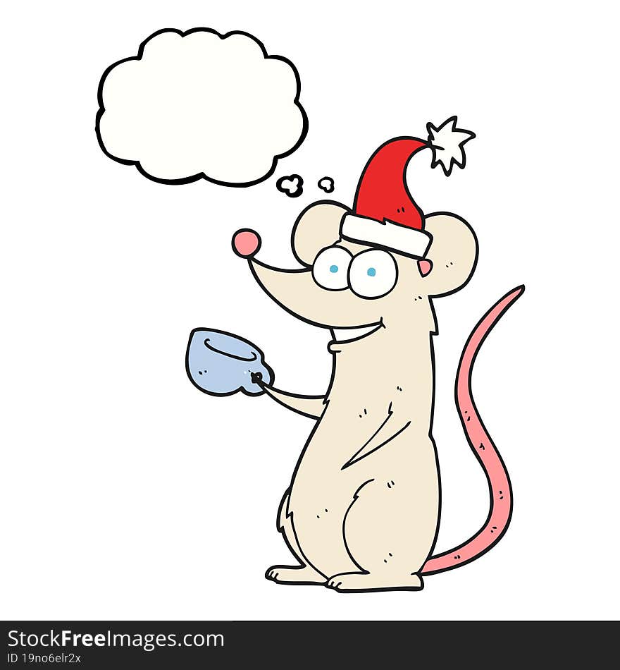 freehand drawn thought bubble cartoon mouse wearing christmas hat