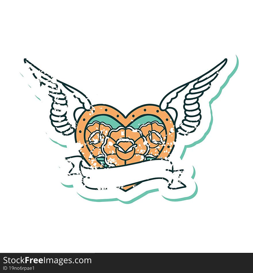 Distressed Sticker Tattoo Style Icon Of A Flying Heart With Flowers And Banner