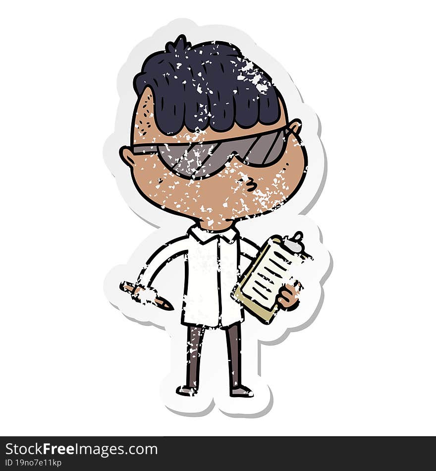 distressed sticker of a cartoon boy wearing sunglasses