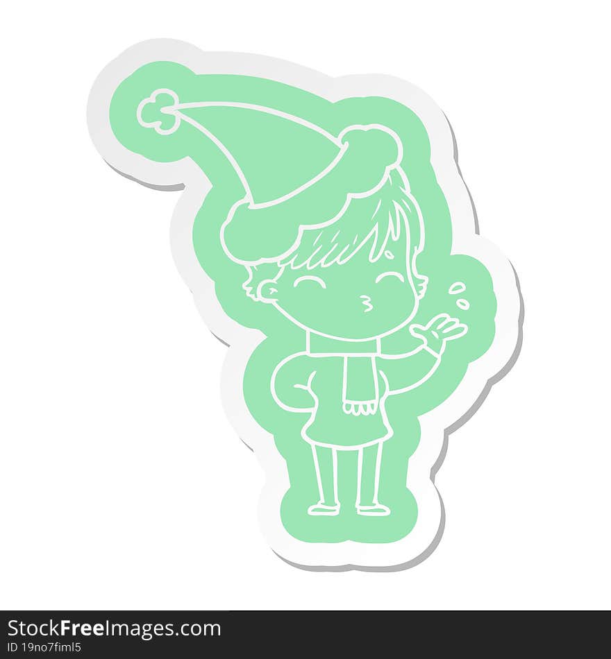 quirky cartoon  sticker of a woman thinking wearing santa hat