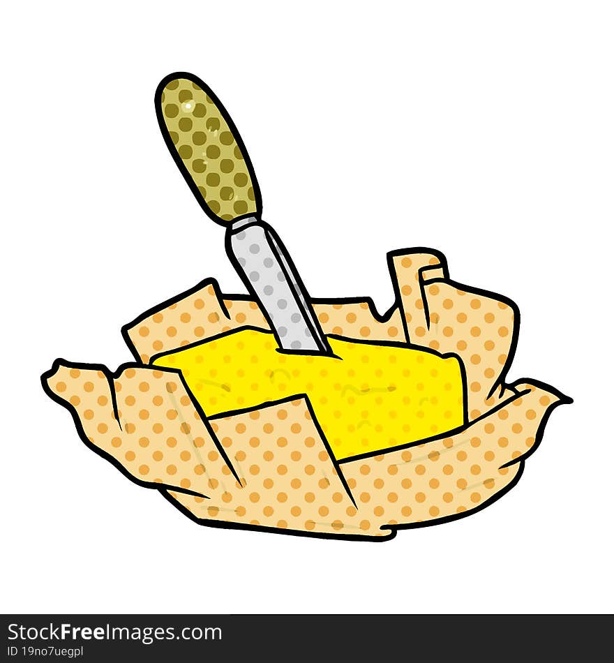 cartoon traditional pat of butter with knife. cartoon traditional pat of butter with knife