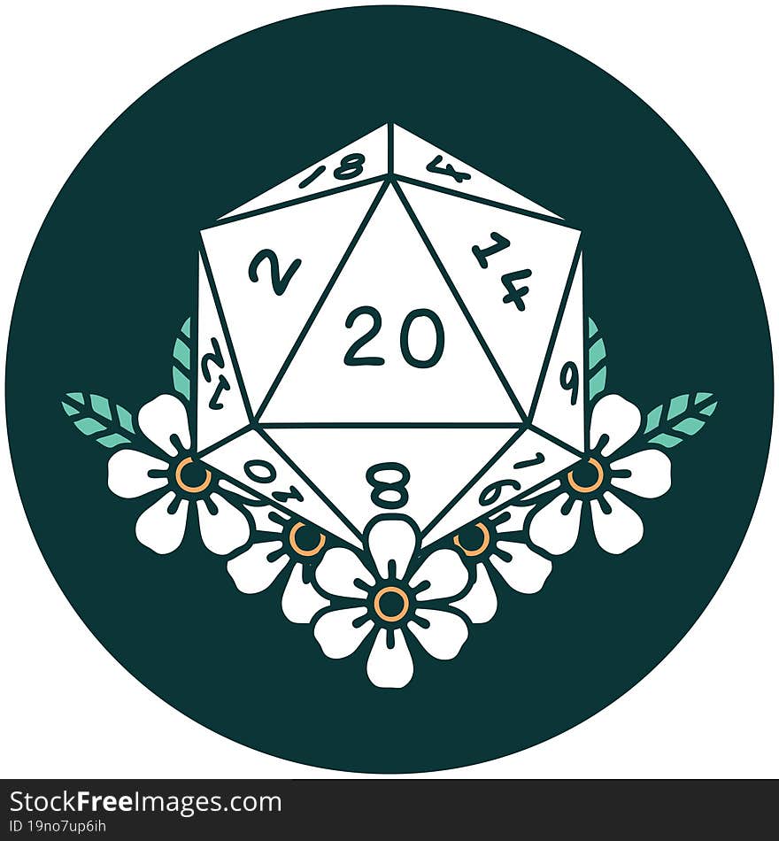 natural 20 D20 dice roll with floral elements icon