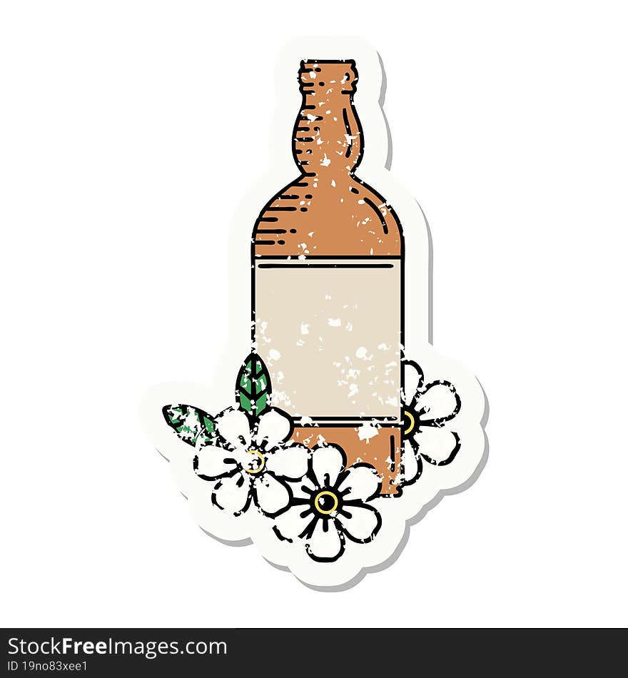 Traditional Distressed Sticker Tattoo Of A Rum Bottle And Flowers