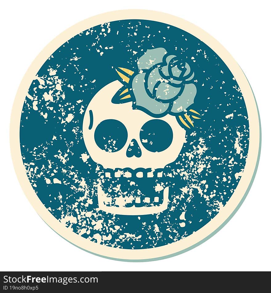 distressed sticker tattoo style icon of a skull and rose