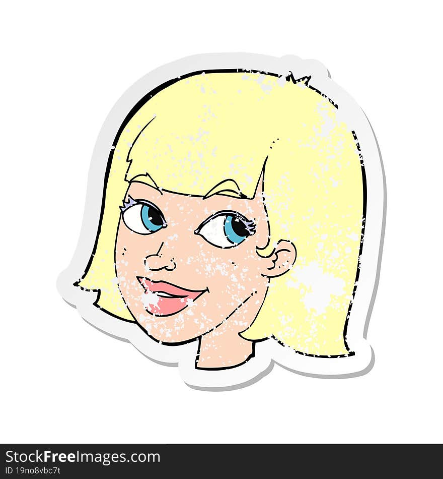 retro distressed sticker of a cartoon happy female face