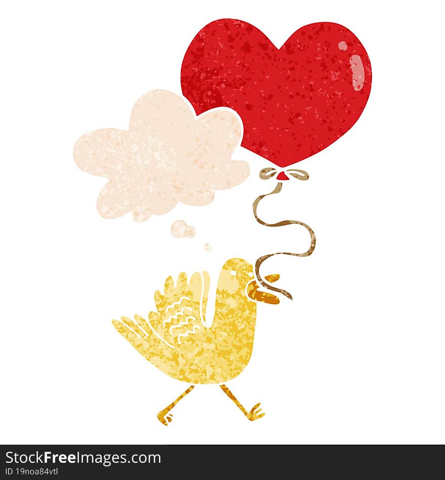 cartoon bird with heart balloon and thought bubble in retro textured style