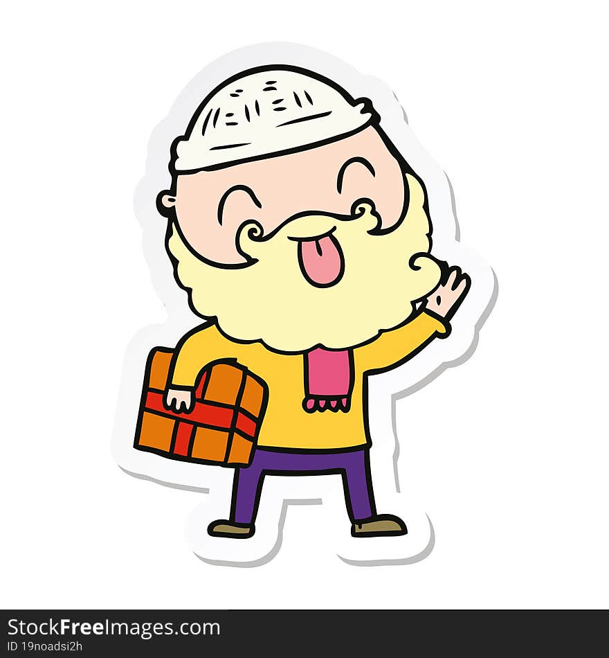 sticker of a man with beard carrying christmas present