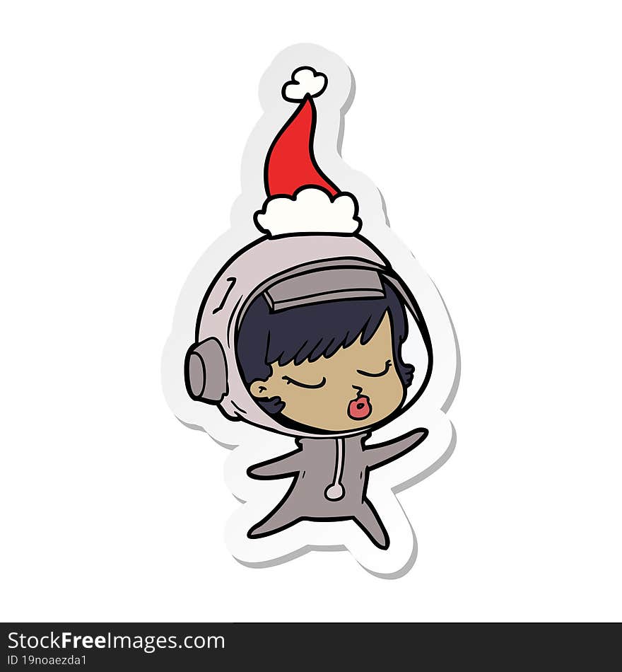 sticker cartoon of a pretty astronaut girl wearing santa hat