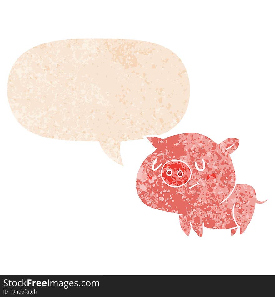 cartoon pig and speech bubble in retro textured style