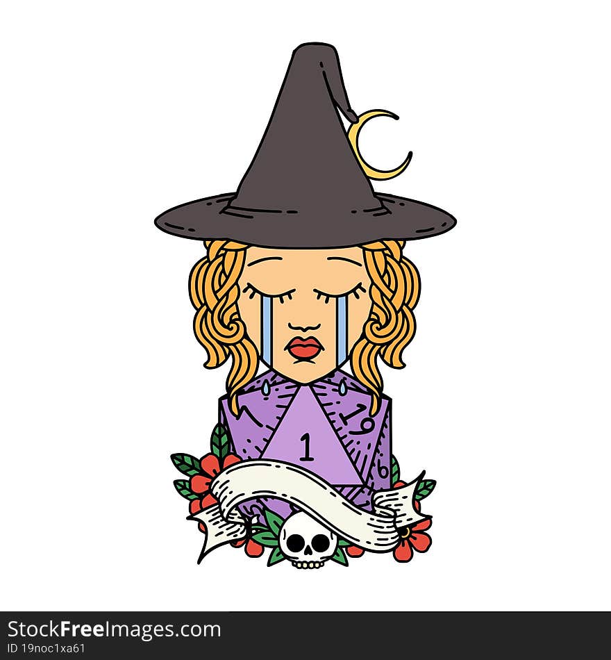 Crying Human Witch With Natural D20 Roll Illustration