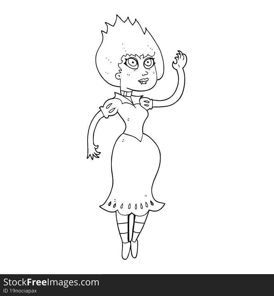 freehand drawn black and white cartoon vampire girl waving