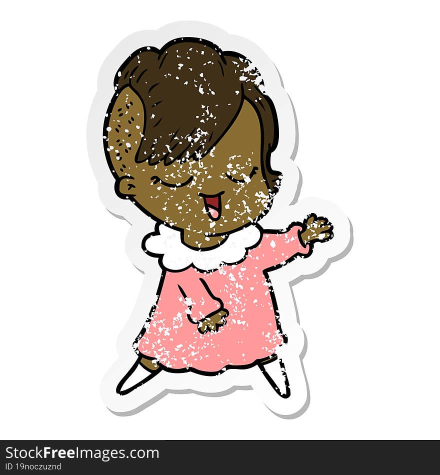 distressed sticker of a happy cartoon girl