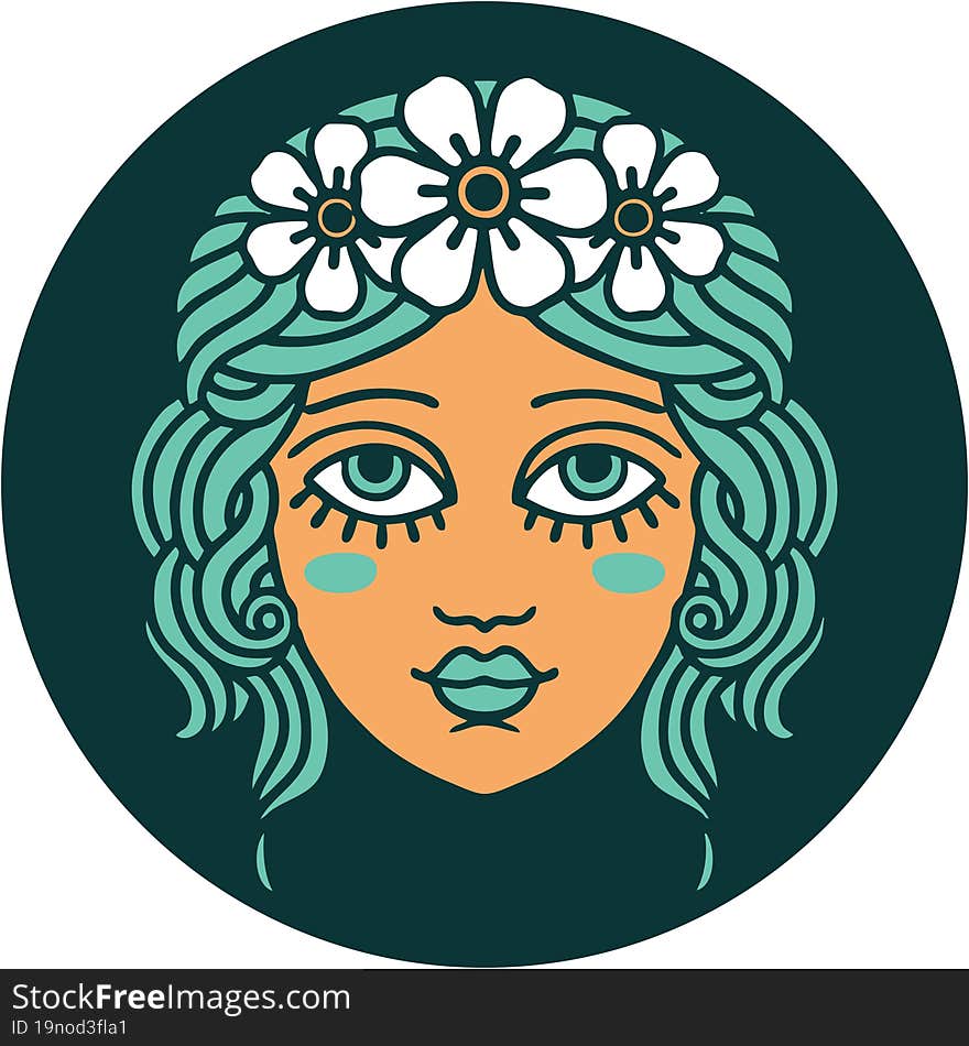 tattoo style icon of female face with crown of flowers