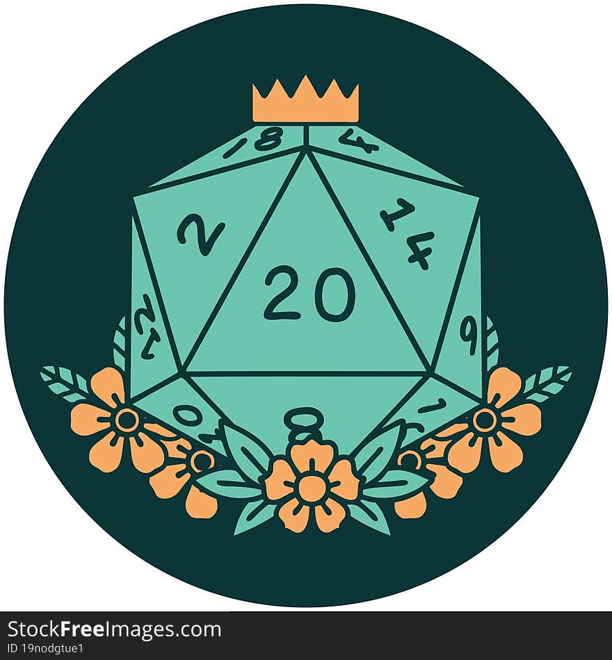 natural 20 D20 dice roll with floral elements icon