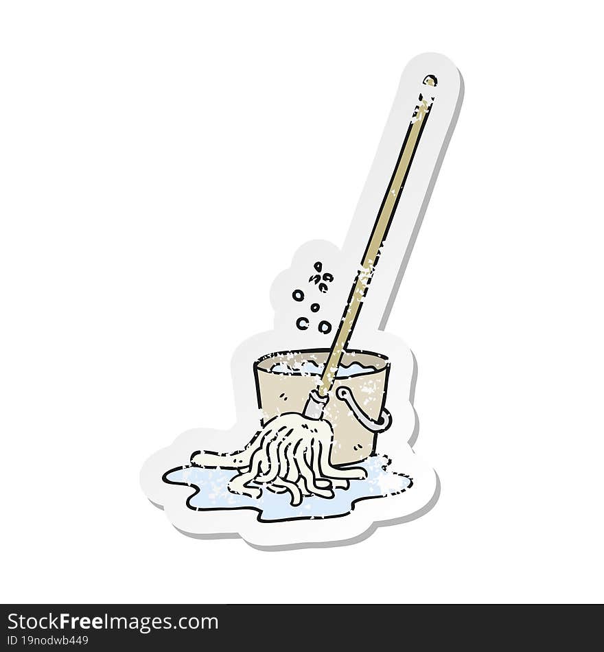 Retro Distressed Sticker Of A Cartoon Mop And Bucket