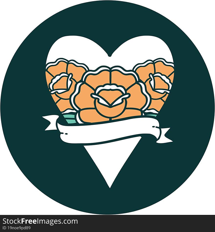 Tattoo Style Icon Of A Heart And Banner With Flowers