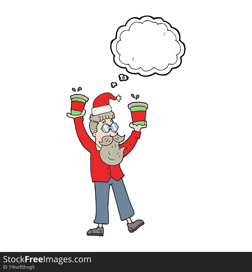 thought bubble cartoon man with coffee cups at christmas